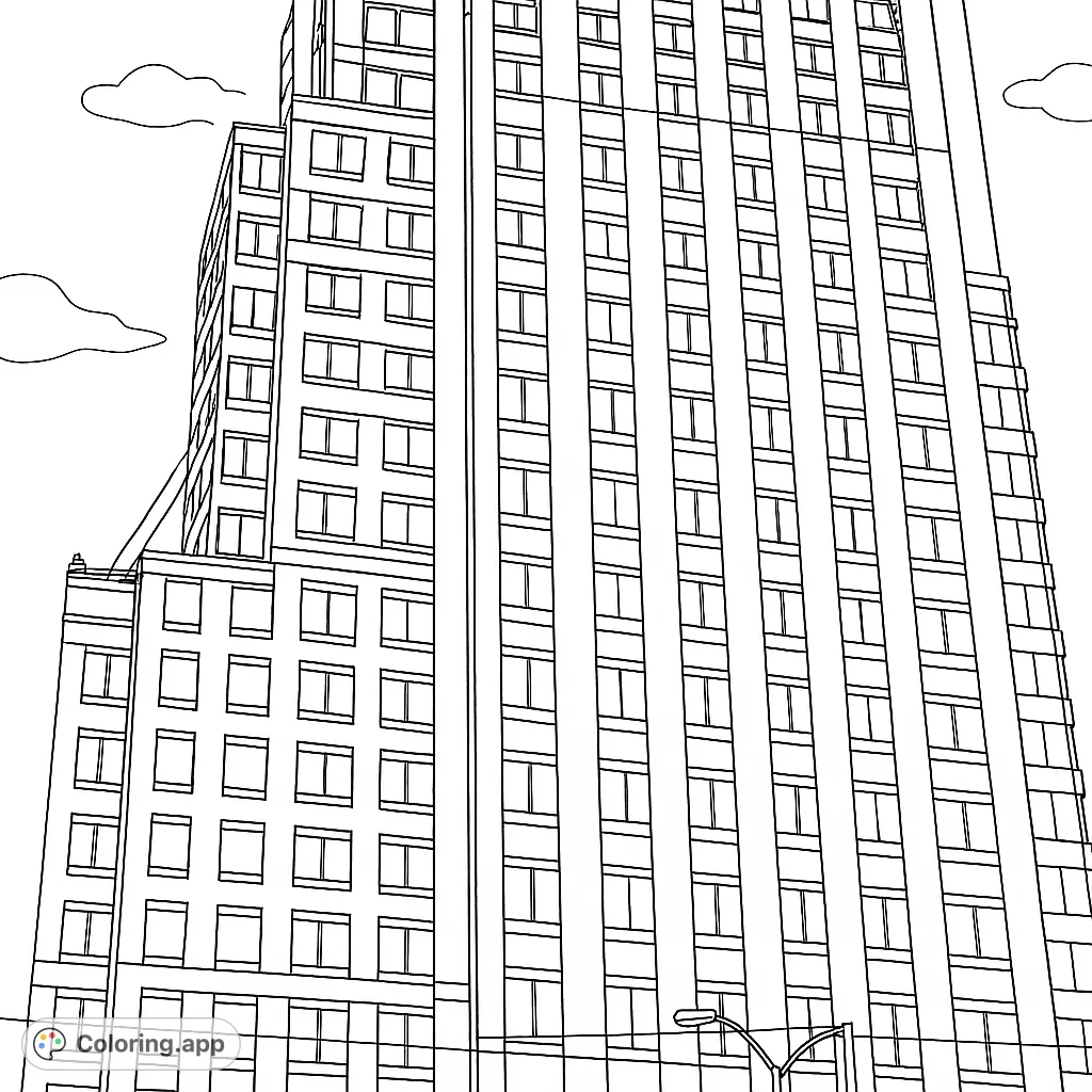 Detailed modern skyscraper with countless windows and a stepped design, set against a vast sky. Perfect for urban architecture enthusiasts.