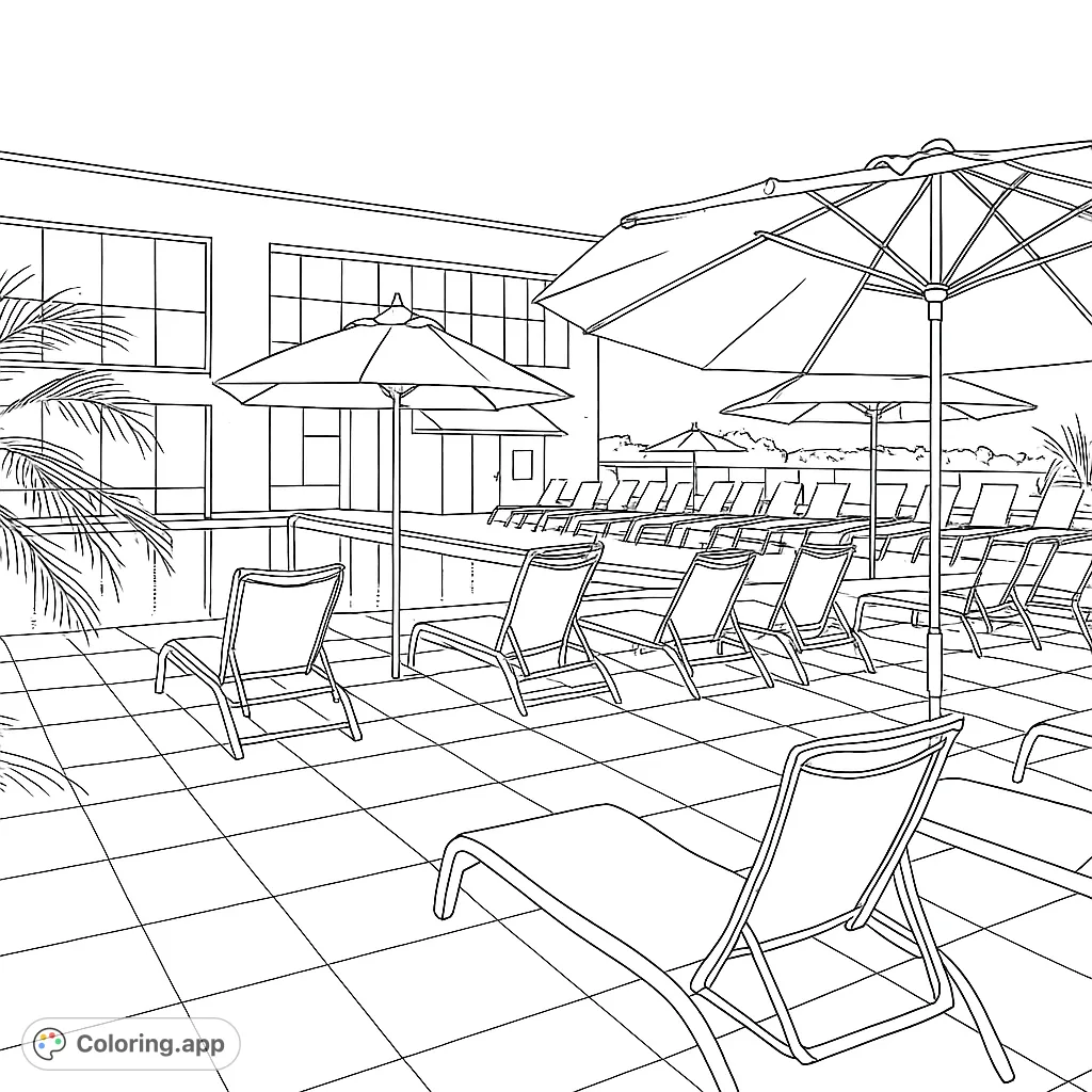 Escape to a serene rooftop pool deck with lounge chairs, umbrellas, and a refreshing pool. Perfect for a relaxing coloring experience.