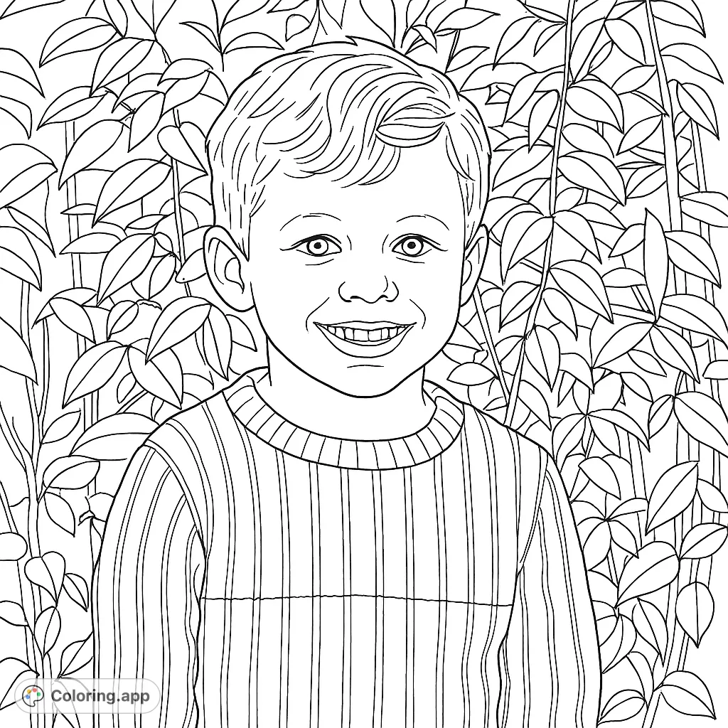 A cheerful young boy with a bright smile, wearing a striped sweater, set against a leafy background. Perfect for a heartwarming coloring experience.