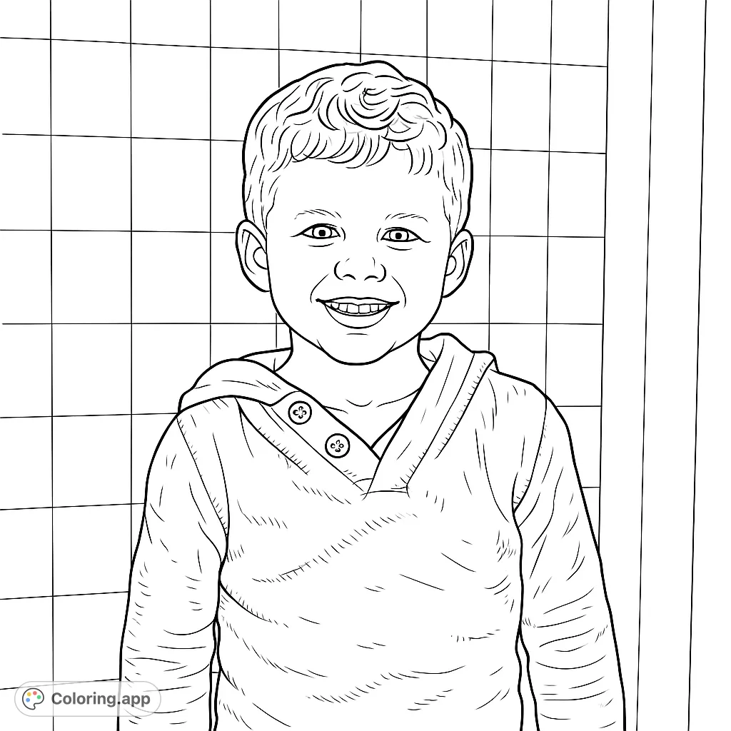 A cheerful young boy with curly hair, wearing a cozy hooded sweater, smiles brightly against a striped background. A delightful portrait for coloring.