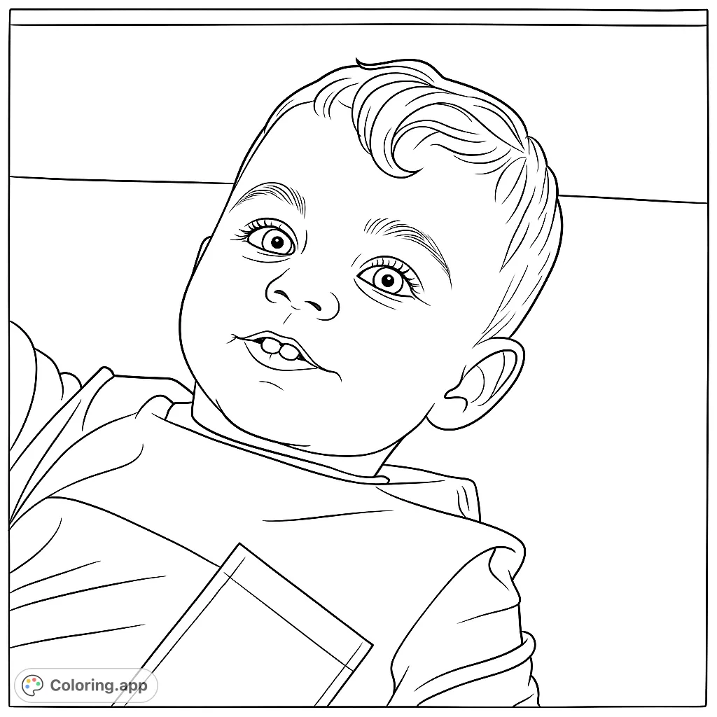 A delightful coloring page featuring a smiling young boy with a striped shirt and a pocket, perfect for creative expression and practicing portraiture.