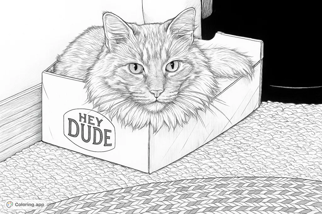 A highly detailed coloring page featuring a fluffy cat comfortably nestled inside a box, with intricate fur textures and a playful expression. Perfect for cat lovers.