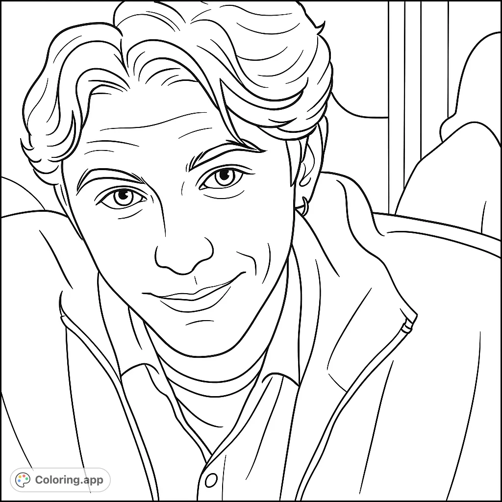 A captivating portrait of a young man with a subtle smirk, perfect for detailed coloring and practicing realistic shading techniques.
