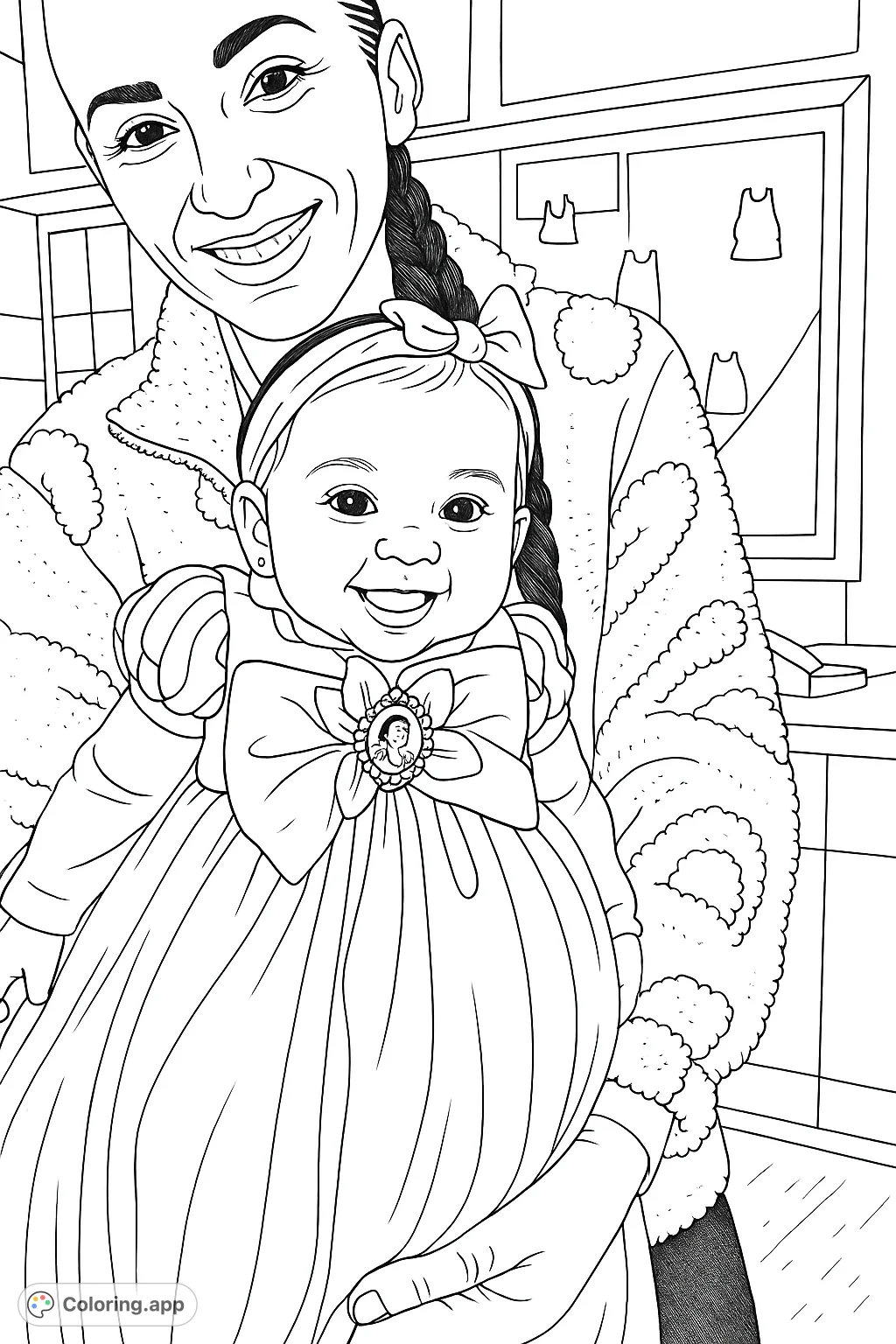 A heartwarming coloring page featuring a smiling baby in a charming costume, held by an adult. Perfect for celebrating joy and family moments.