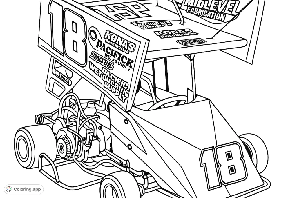 Race to the finish line with this exciting sprint kart coloring page! Features a powerful engine, bold number 19, and a dynamic top wing.