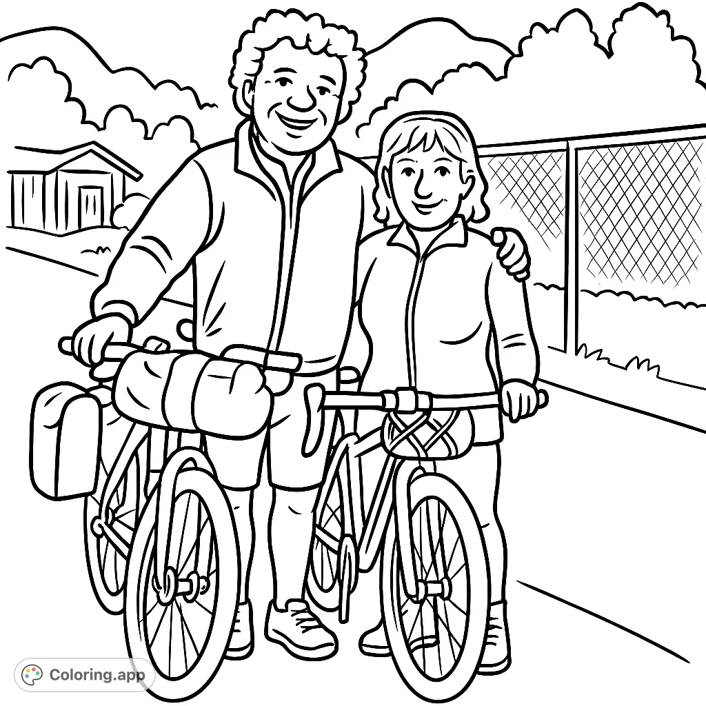 Join a happy couple on their cycling adventure through scenic mountains. This cartoony, simple design is perfect for all ages to color and enjoy.