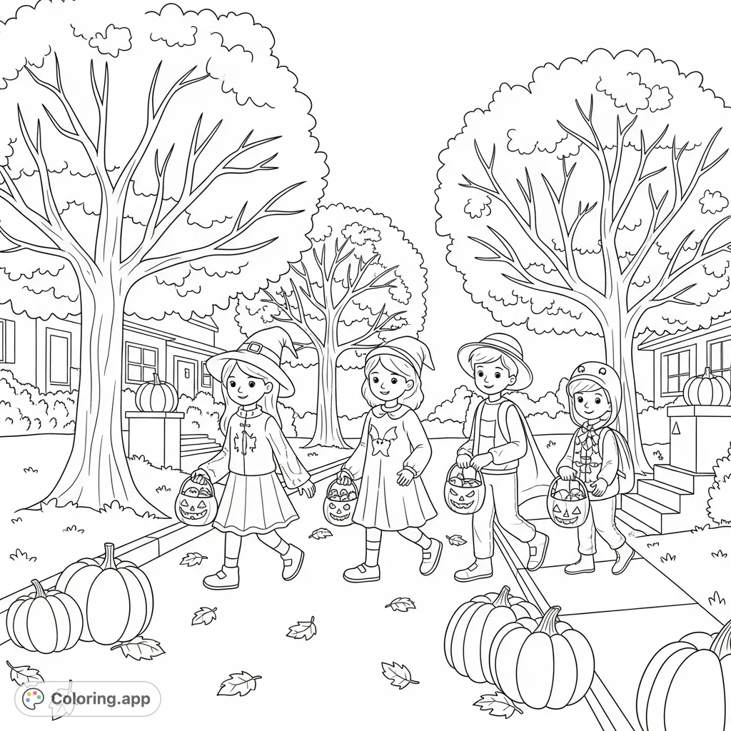 A delightful fall scene featuring four students in costumes trick-or-treating amidst large autumn trees and pumpkins. Perfect for seasonal fun.