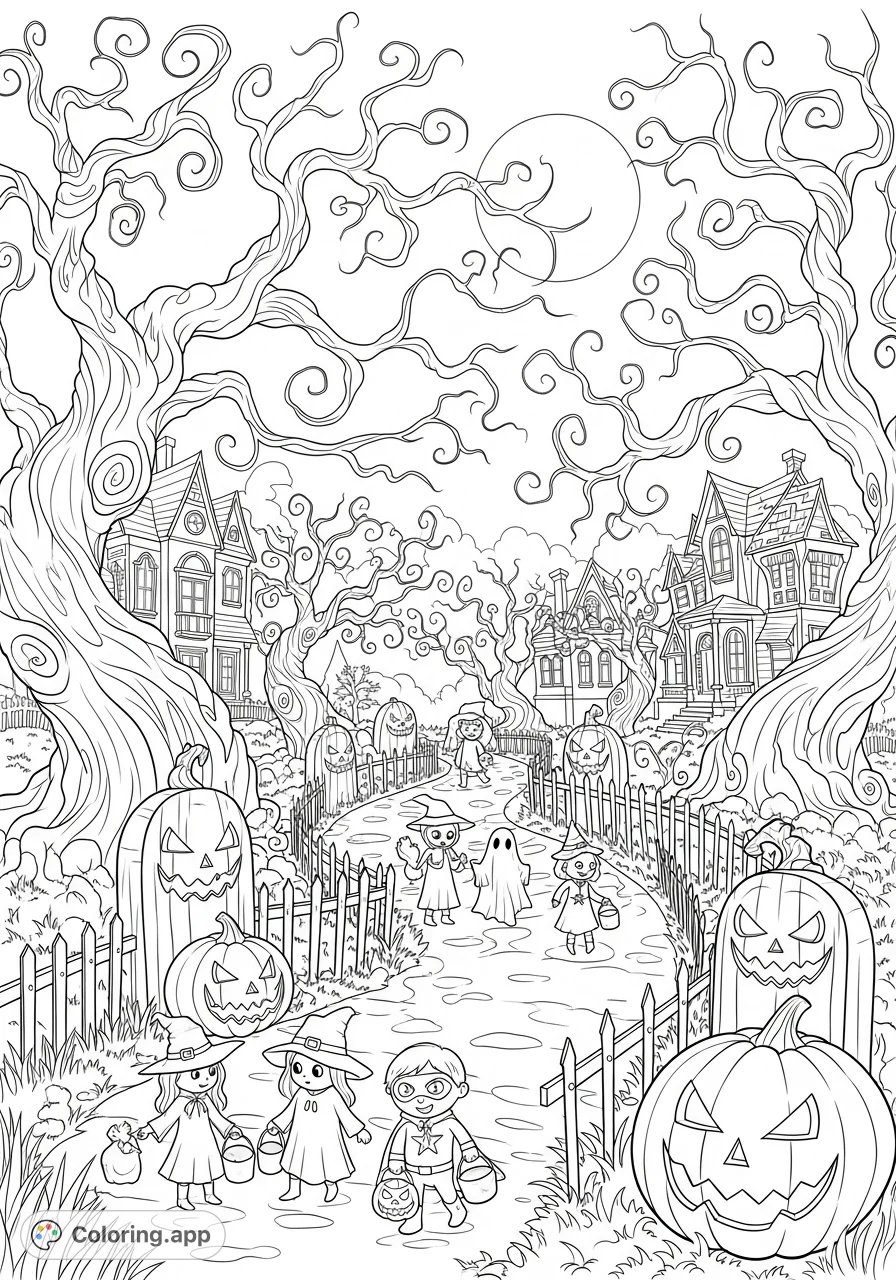 An intricate Halloween scene featuring costumed trick-or-treaters, gnarled trees, and glowing jack-o'-lanterns, perfect for a spooky coloring adventure.