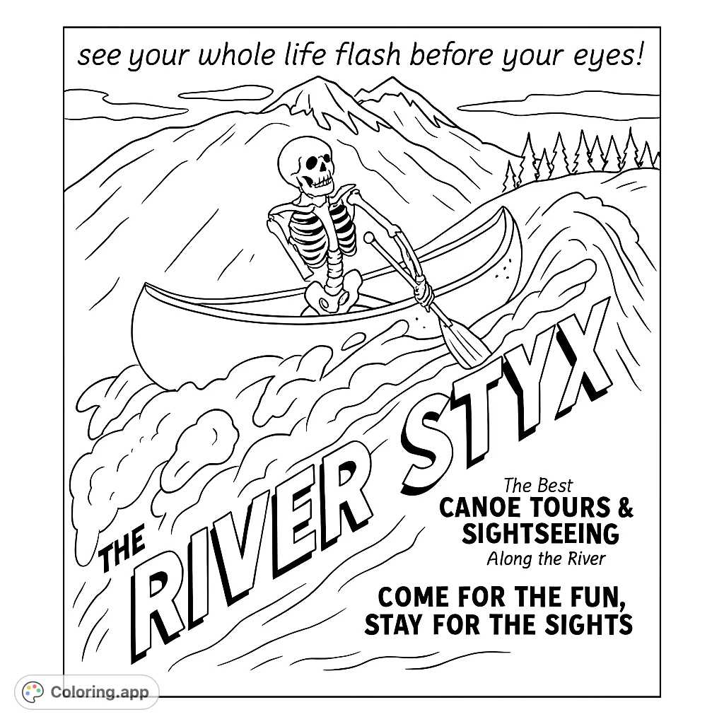 Embark on a thrilling river journey with a skeleton paddler through turbulent rapids, surrounded by majestic mountains and dense forests. A unique adventure awaits.