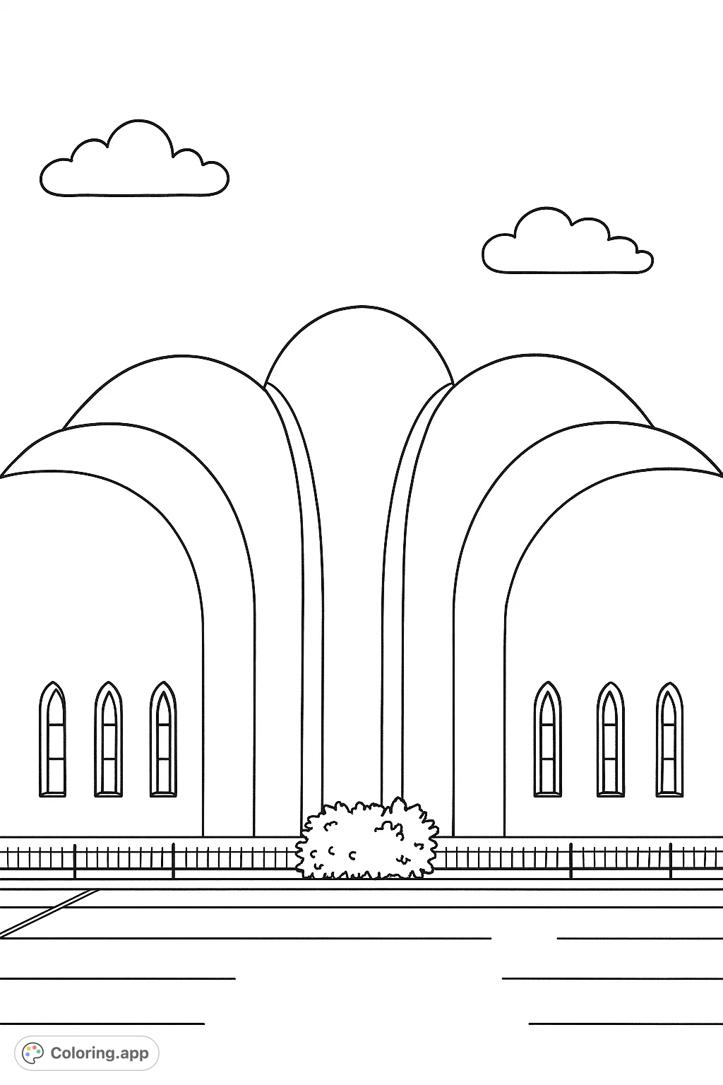 Explore a striking modern domed architecture coloring page, featuring smooth curves, arched windows, and a serene sky. Perfect for architectural enthusiasts.