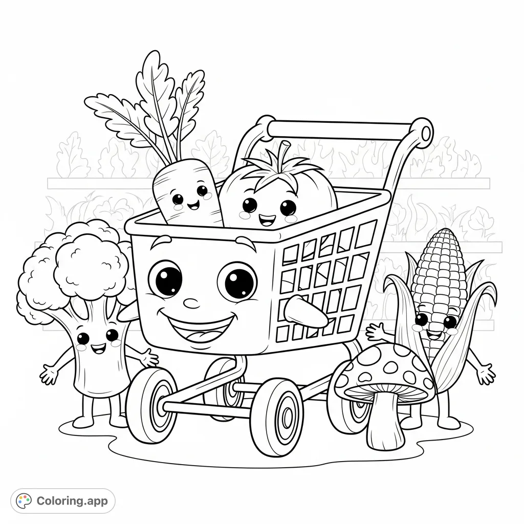 Join Curbie the friendly grocery cart and his adorable veggie friends in a delightful scene. Perfect for sparking creativity and learning about healthy foods.