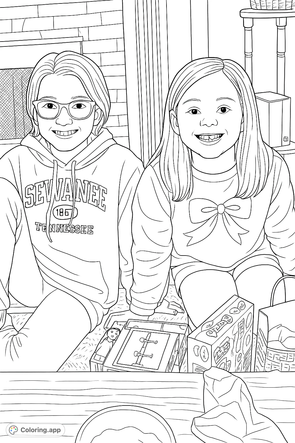 Two smiling girls sit together, surrounded by gifts, ready for a fun coloring adventure. Perfect for capturing joyful moments.