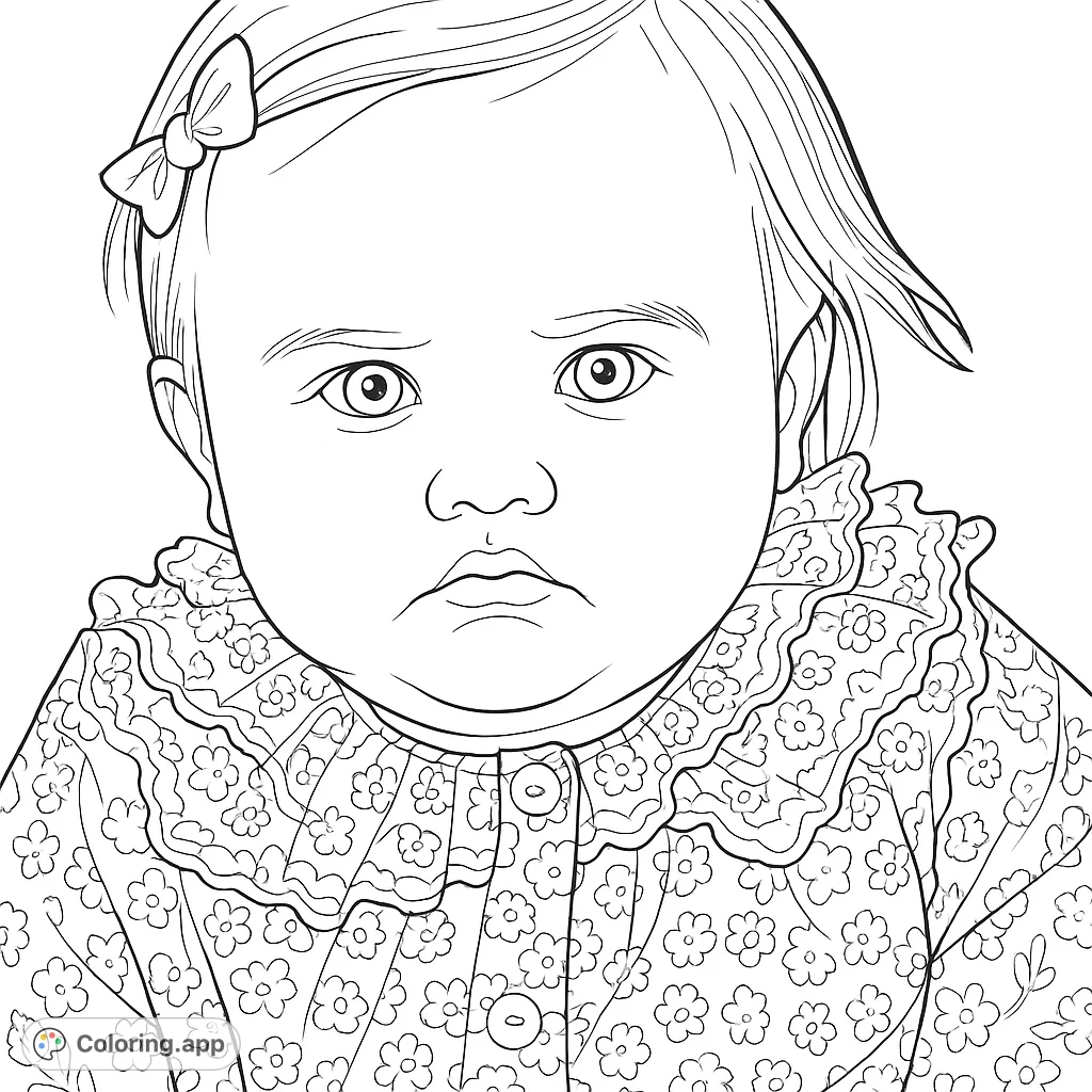 An adorable baby portrait coloring page featuring a sweet infant with a patterned bow and a charming ruffled, floral-patterned top. Perfect for all ages.