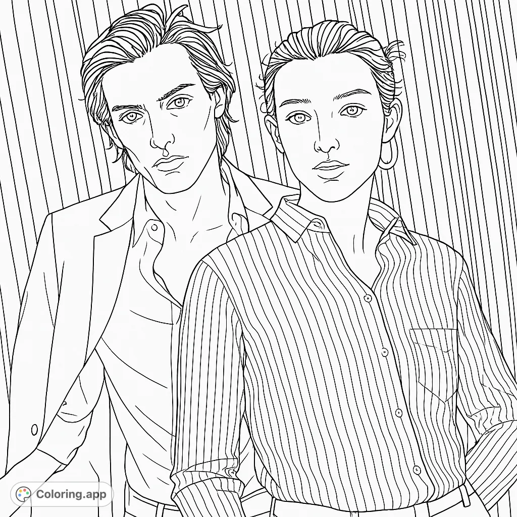 Capture the essence of modern style with this fashion duo coloring page. Features two models against a textured wooden background, perfect for creative expression.