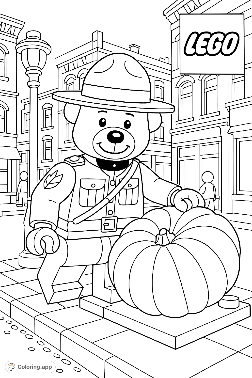 A charming Lego bear Mountie stands proudly beside a large pumpkin in a detailed street scene, perfect for creative coloring fun.