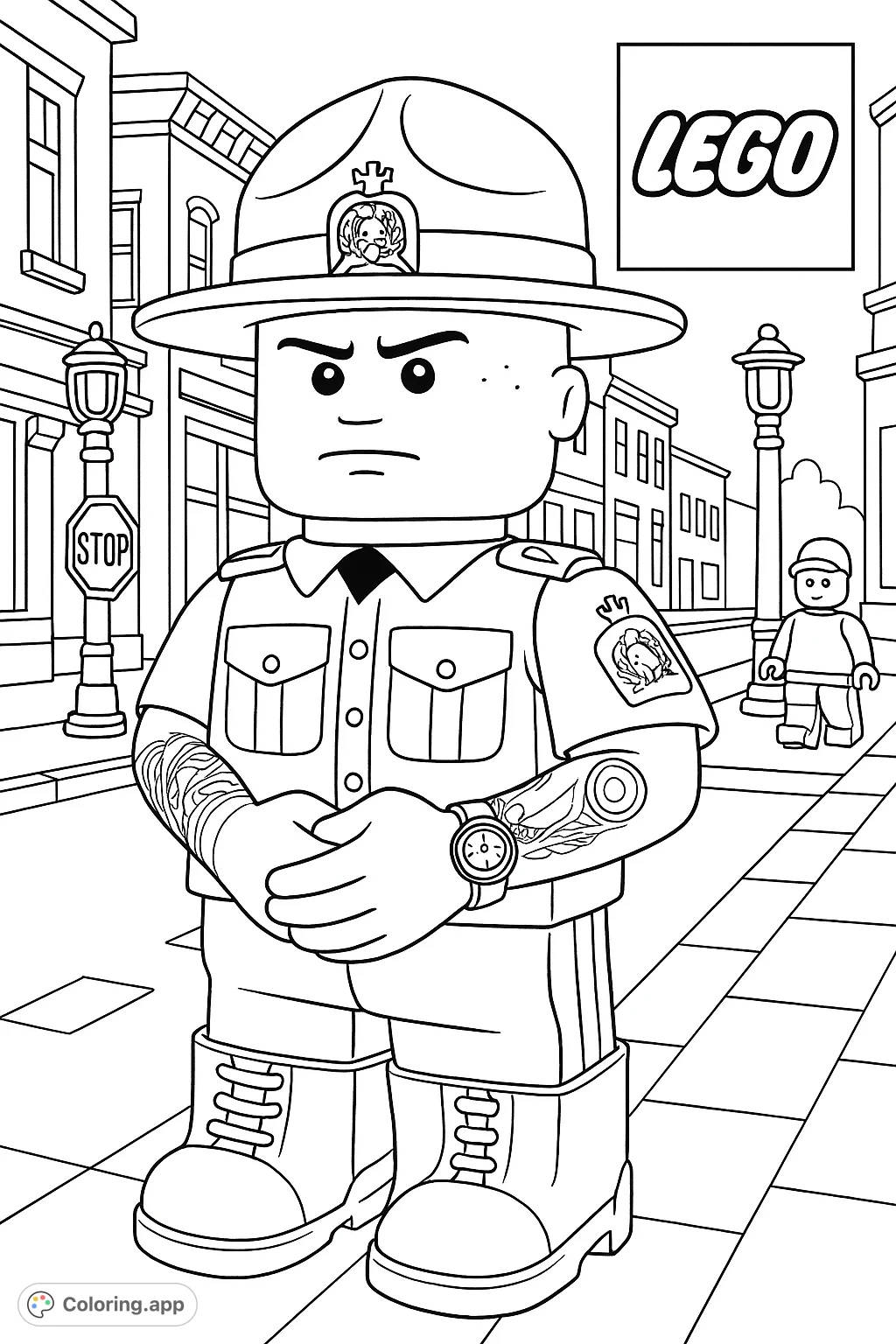 A detailed block-figure police officer stands on patrol in a city street, complete with uniform, hat, and intricate arm tattoos. Perfect for creative coloring.