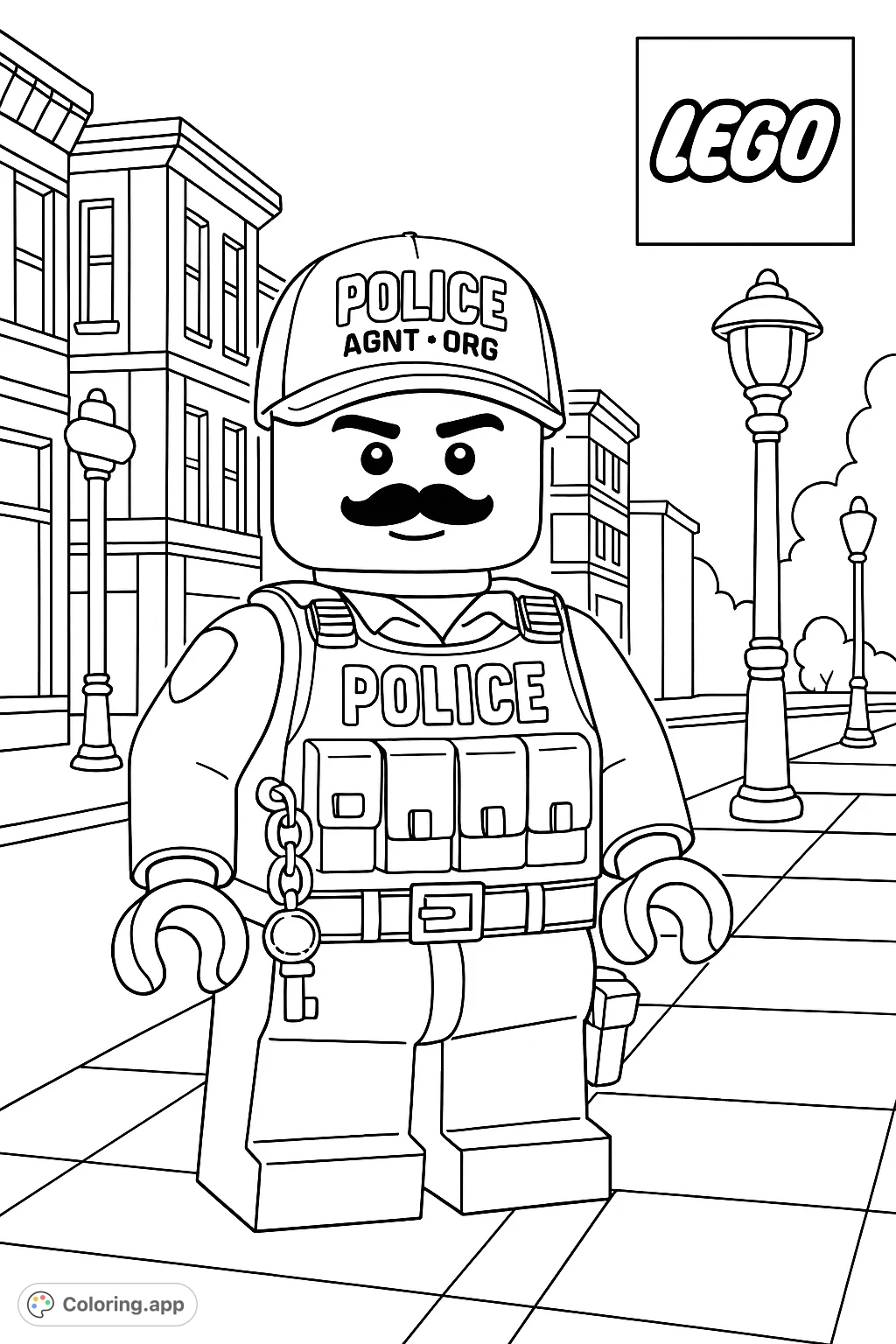 Color a block-figure police officer in an urban setting, complete with a cap, tactical vest, and keys. A fun community helper coloring page.