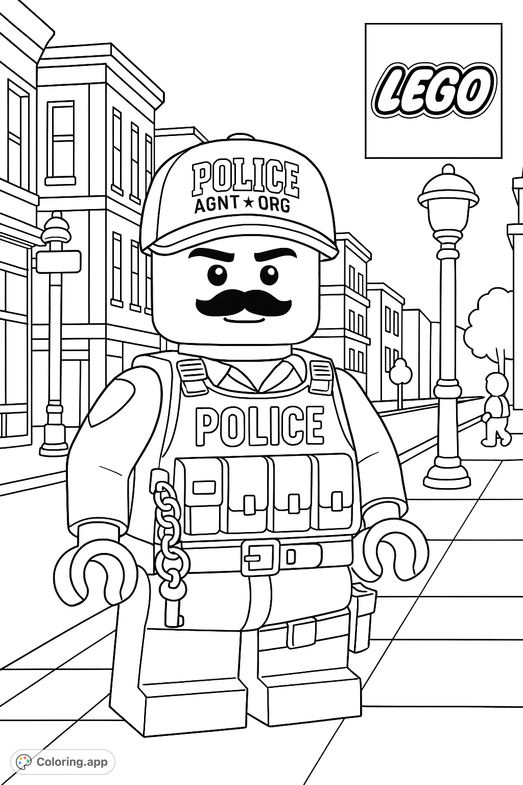 A block-figure police officer stands ready on a city street, complete with uniform, vest, and keys. A fun, detailed scene for all ages.