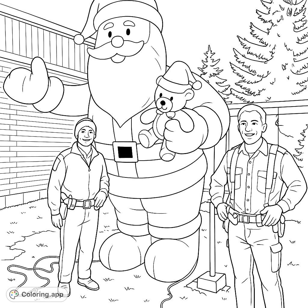 A cheerful Santa inflatable stands with two uniformed individuals amidst a snowy, outdoor scene. Perfect for celebrating community spirit and holiday joy.