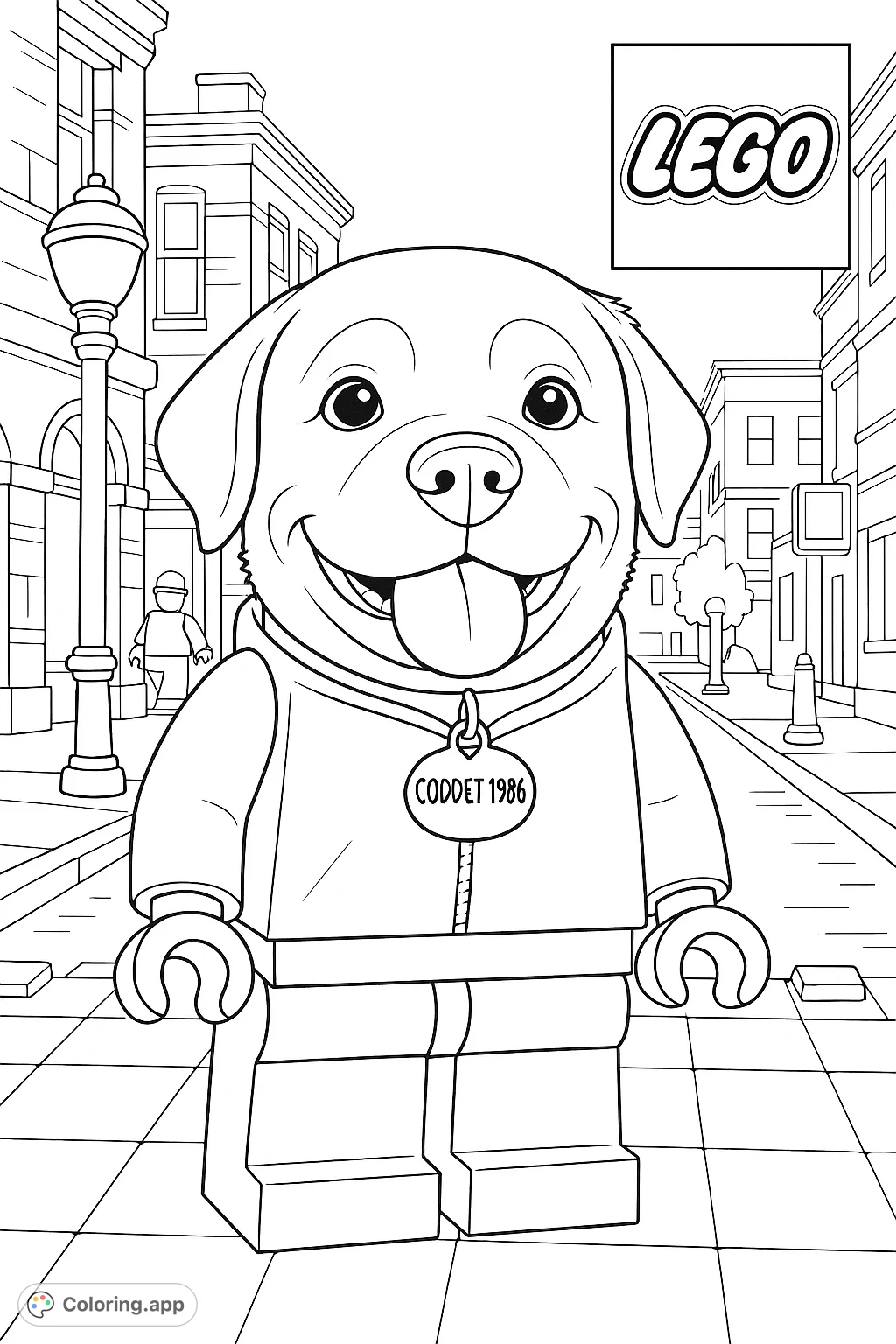 A delightful coloring page featuring a smiling dog's head on a block-like figure, standing on a paved street with buildings and other figures in the background.