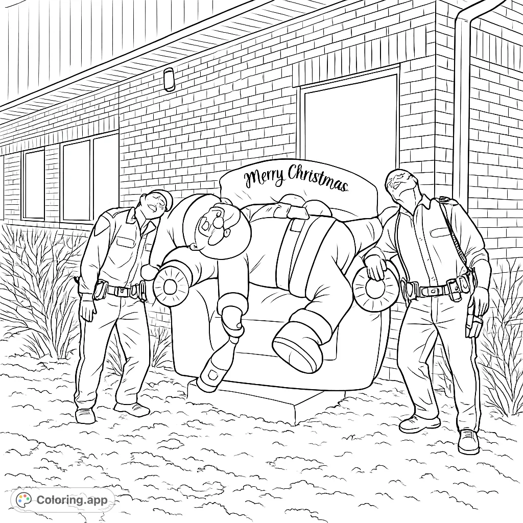 Join two playful figures posing with a festive inflatable Santa Claus lounging on an armchair, celebrating holiday cheer. Perfect for a whimsical coloring experience!