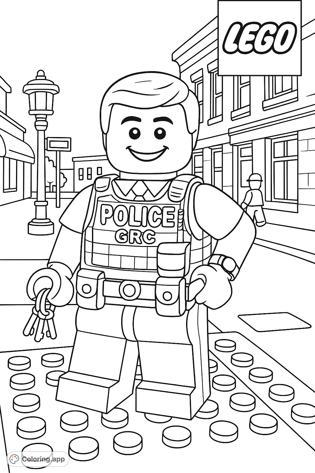 A friendly Lego police officer stands ready for duty in a bustling city scene. Perfect for young fans of community heroes and building block adventures!