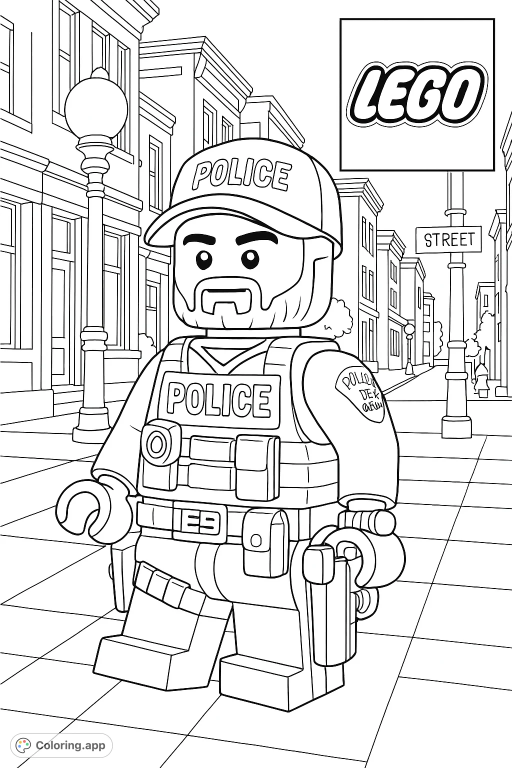 A detailed Lego police officer stands on a city street, ready for action. A fun, free printable Lego police officer coloring page for all ages.