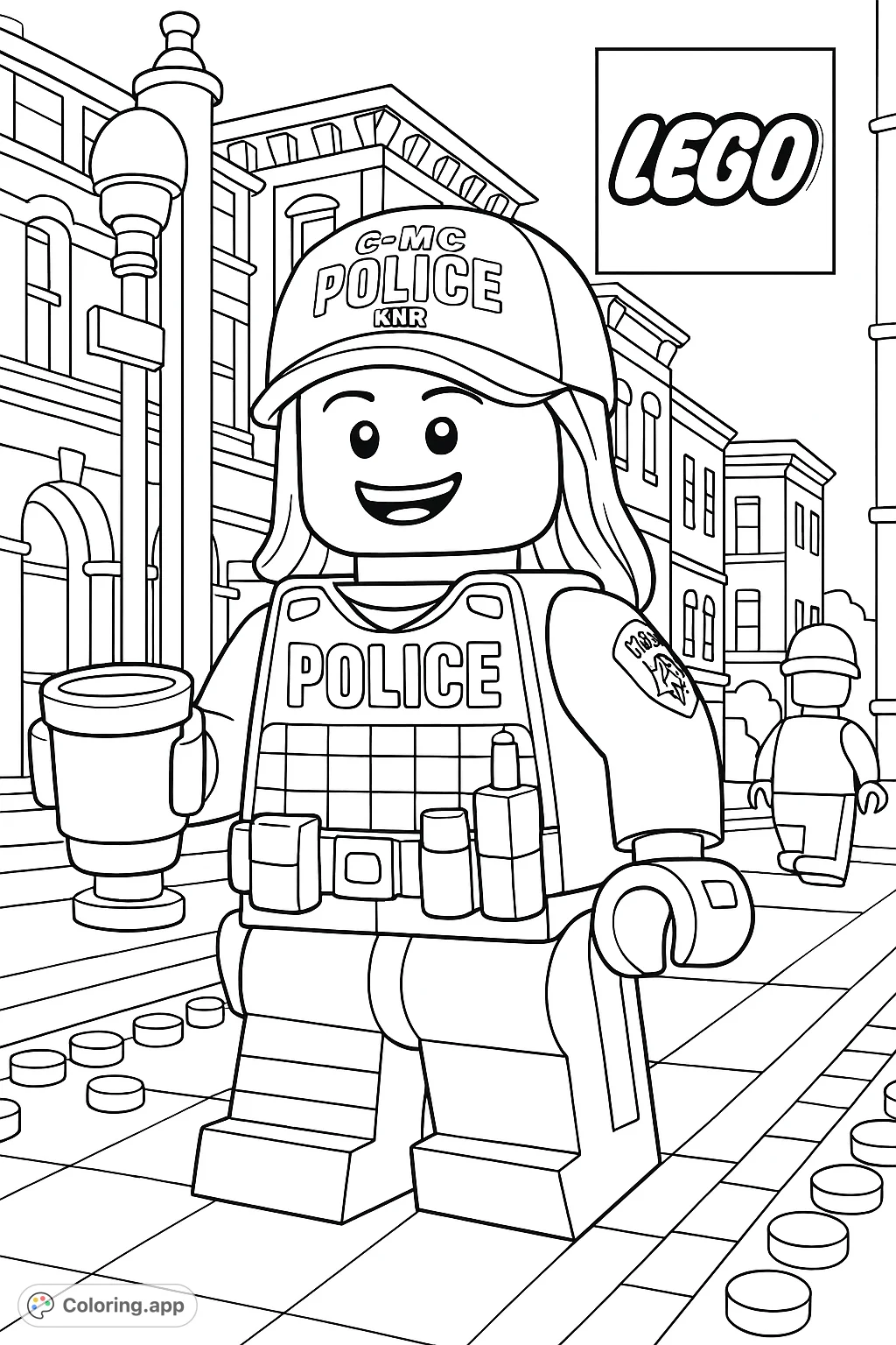 Color a cheerful Lego police officer on duty in a bustling city scene. Features detailed uniform, a coffee mug, and urban background elements.