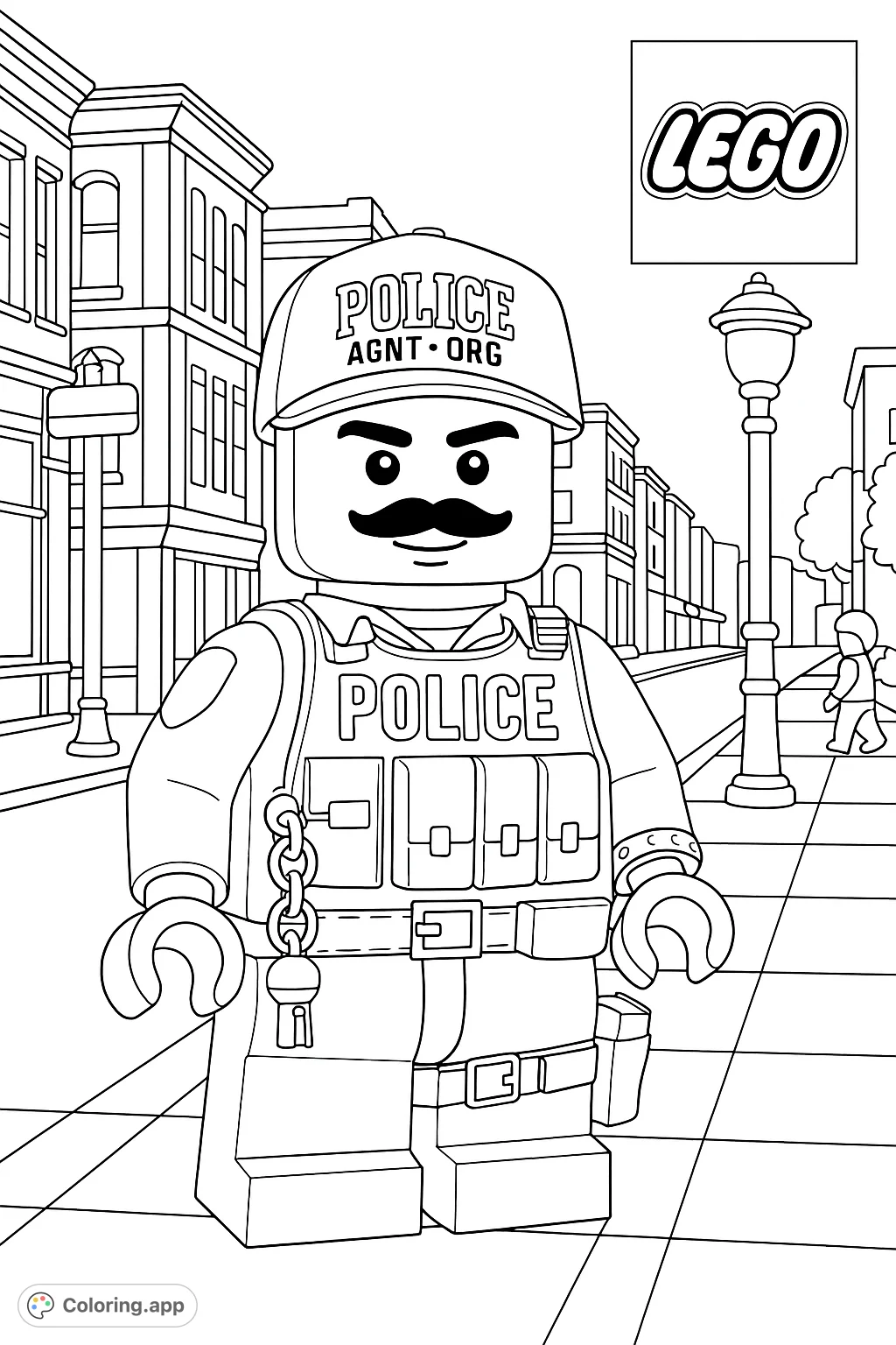 A detailed LEGO police officer minifigure stands ready for duty in a bustling city scene, complete with buildings and streetlights, perfect for creative coloring.