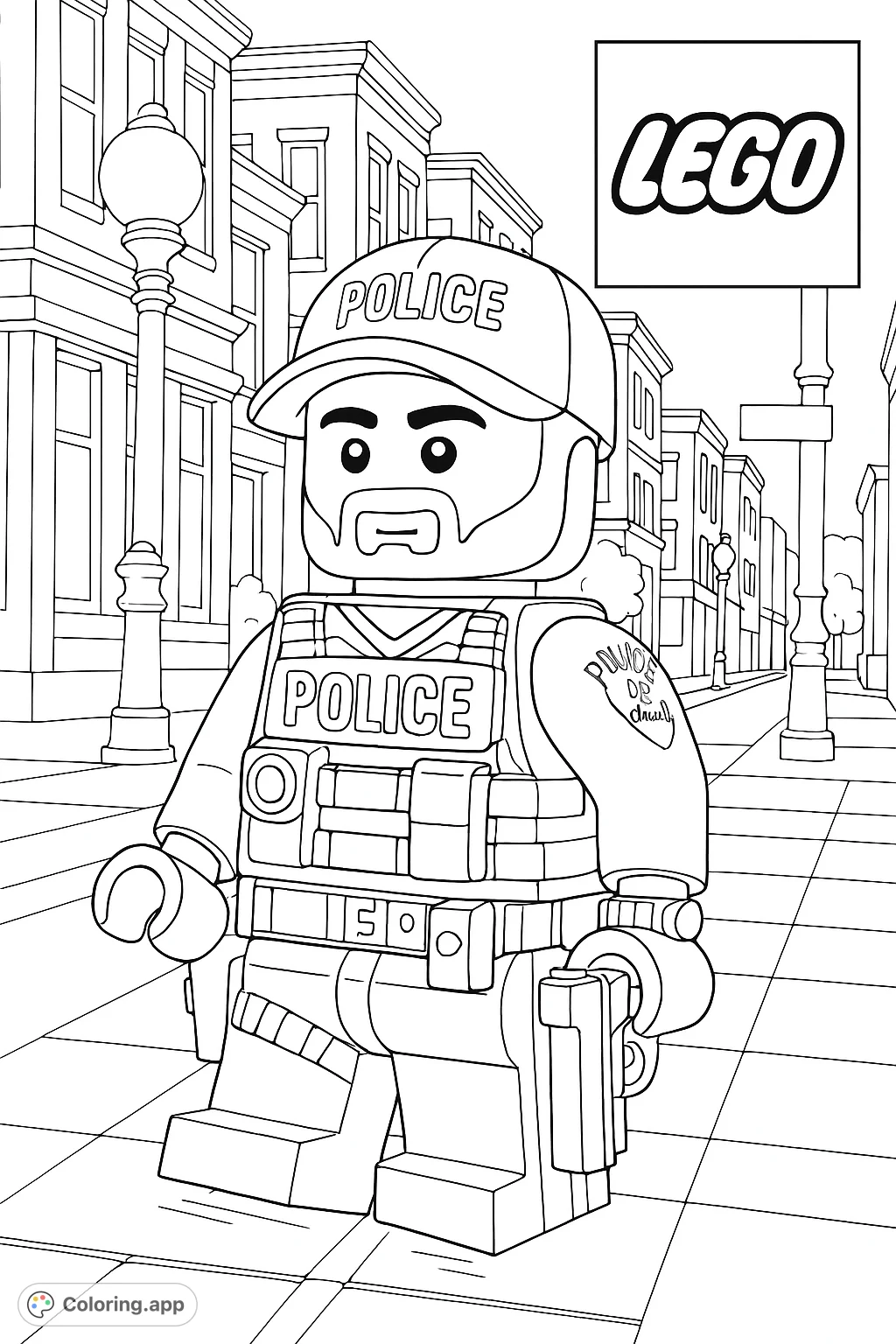 A detailed Lego police officer minifigure stands on a city street, complete with tactical gear and a cap. Perfect for fans of building blocks and community heroes.