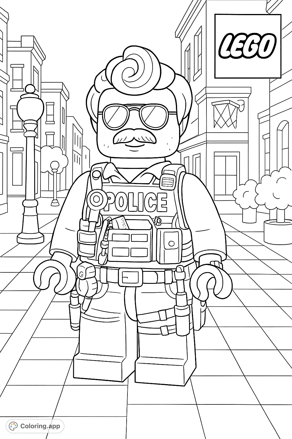 A detailed LEGO police officer stands ready on a city street, complete with tactical gear and a confident stance. Perfect for fans of building blocks and law enforcement themes.