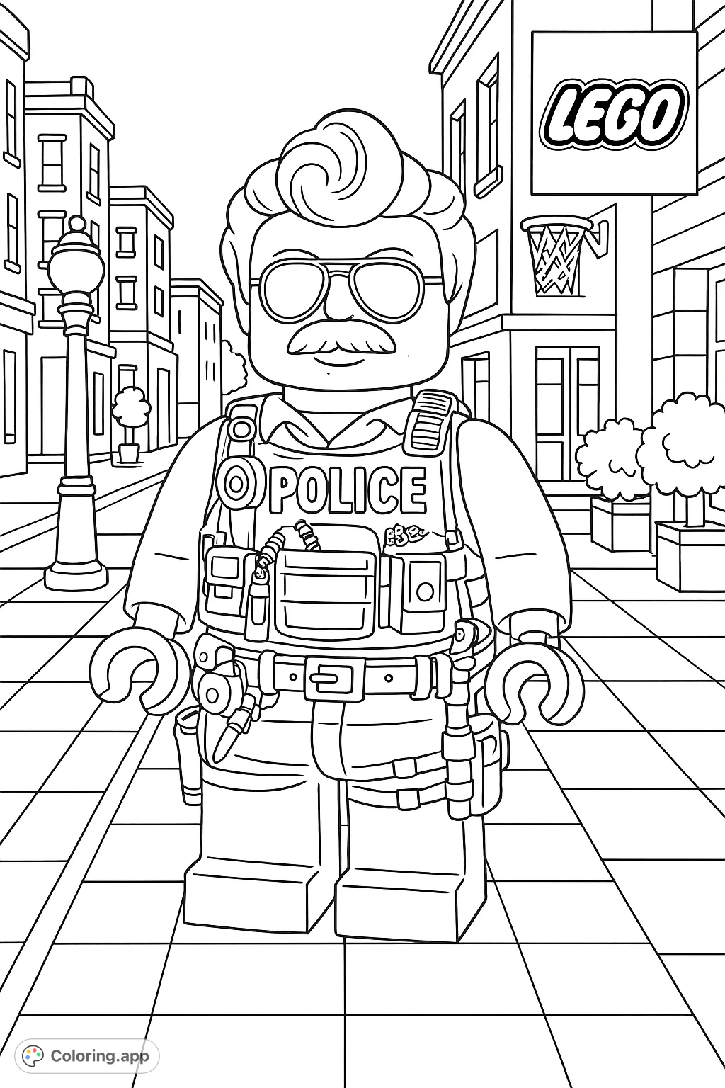 A detailed Lego police officer stands ready in an urban street scene, complete with tactical gear and city buildings. Perfect for fans of building blocks and law enforcement.