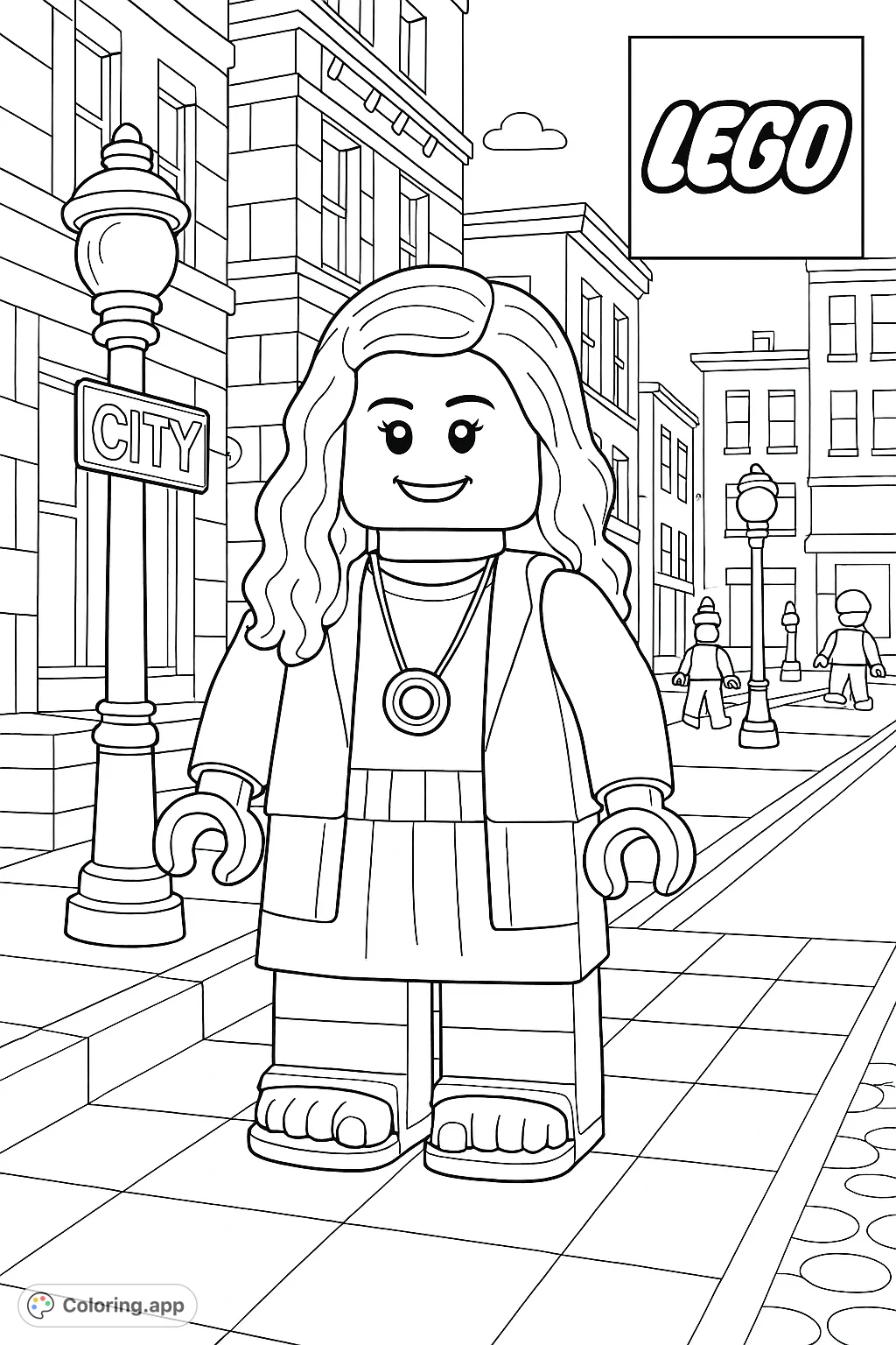 Explore a bustling city scene with a friendly minifigure. This fun coloring page features urban architecture, a street lamp, and a charming character ready for adventure.