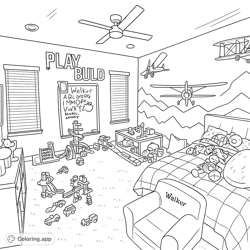 Explore a vibrant playroom with airplanes, mountains, a chalkboard, and a variety of toys, perfect for imaginative coloring fun.