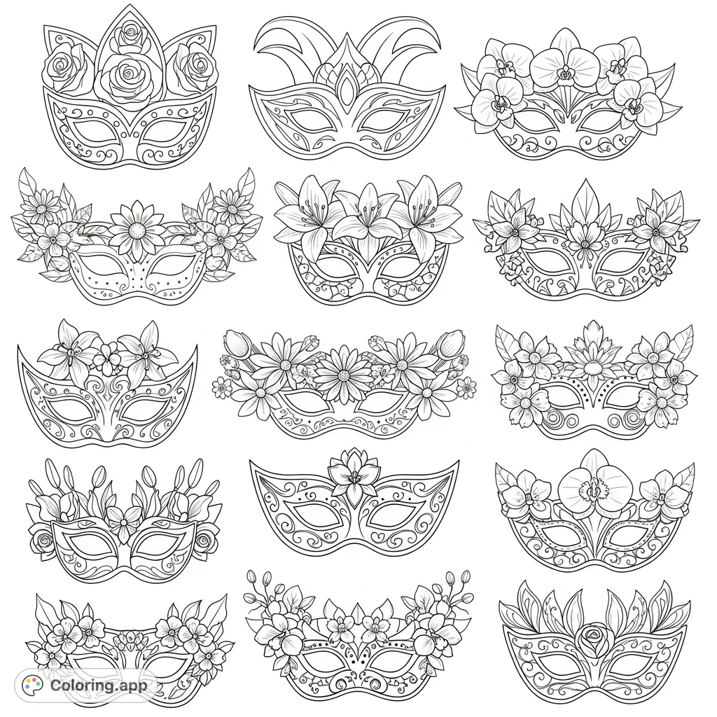 Celebrate with this intricate Mardi Gras floral masks coloring page, featuring eleven unique designs adorned with beautiful mixed flowers. Perfect for festive creativity!