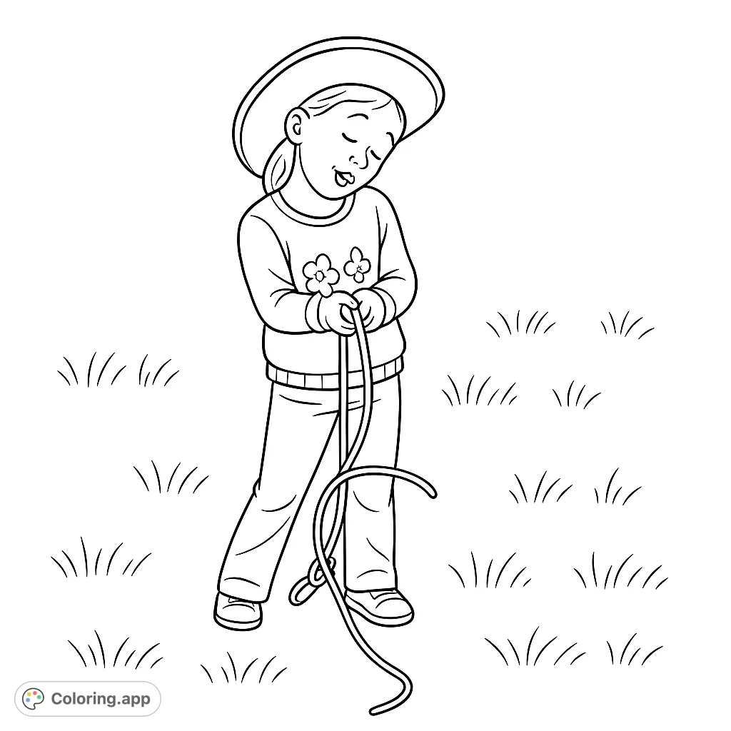 A charming coloring page featuring a young child in a cowboy hat, holding a rope in a grassy field. Perfect for aspiring cowboys and cowgirls!