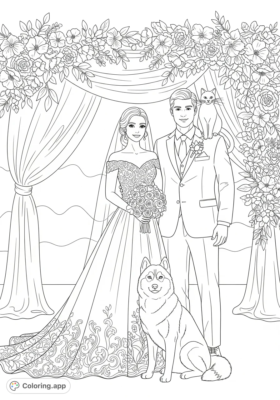 Celebrate love with this charming wedding coloring page featuring a happy bride, groom, their husky, and a cat amidst a beautiful floral arch.