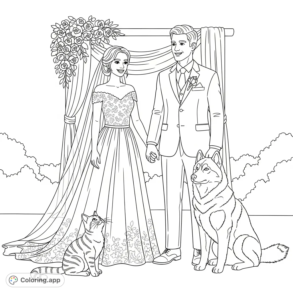 Celebrate a special wedding day with a charming bride, groom, their beloved cat, and husky. A heartwarming scene perfect for personalizing.