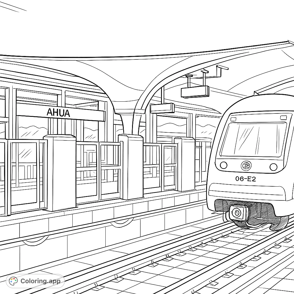 Color a sleek modern train at a bustling station platform, featuring architectural details, an overhead canopy, and distant mountains. Perfect for urban explorers!