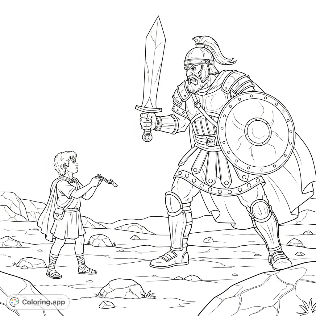 A dramatic depiction of young David facing the giant Goliath, sling ready, against the formidable warrior with his massive sword. A powerful biblical scene.