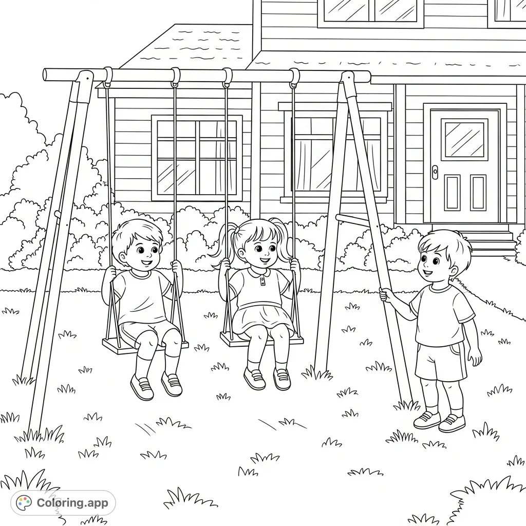A delightful triplets coloring page featuring three children happily playing on simple rope swings in their front yard, with their house in the background.