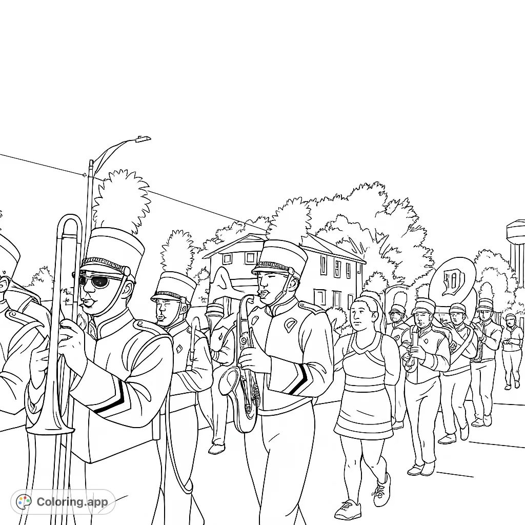 Capture the energy of a marching band parade with detailed uniforms, instruments, and a lively street scene. Perfect for music enthusiasts.