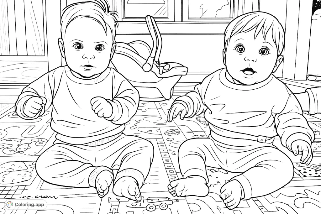 Two charming babies sit on a patterned playmat, one with a curious gaze and the other with a joyful expression, ready for a fun coloring adventure.