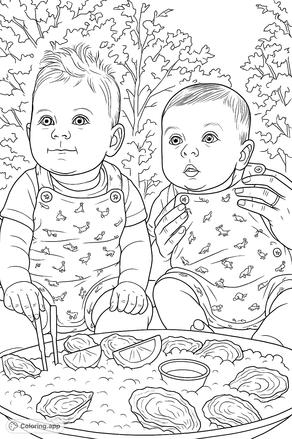 Adorable twin babies in patterned overalls, enjoying an outdoor setting with a platter of oysters and lemon wedges. A charming scene for coloring.