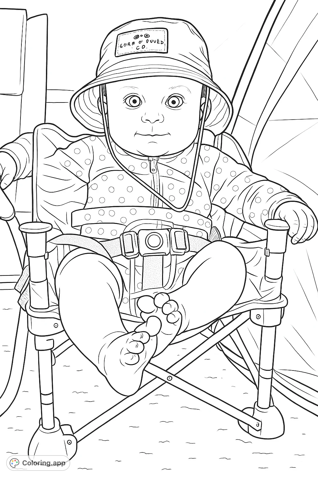 A delightful baby in a hat sits in a beach chair on the sand, ready for a fun day by the water. Perfect for a relaxing coloring experience.
