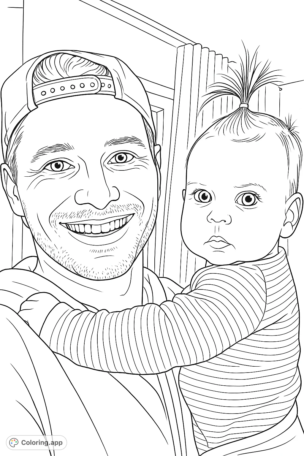 A heartwarming portrait of a smiling father holding his baby, who has a playful tuft of hair. Perfect for celebrating family bonds and precious moments.