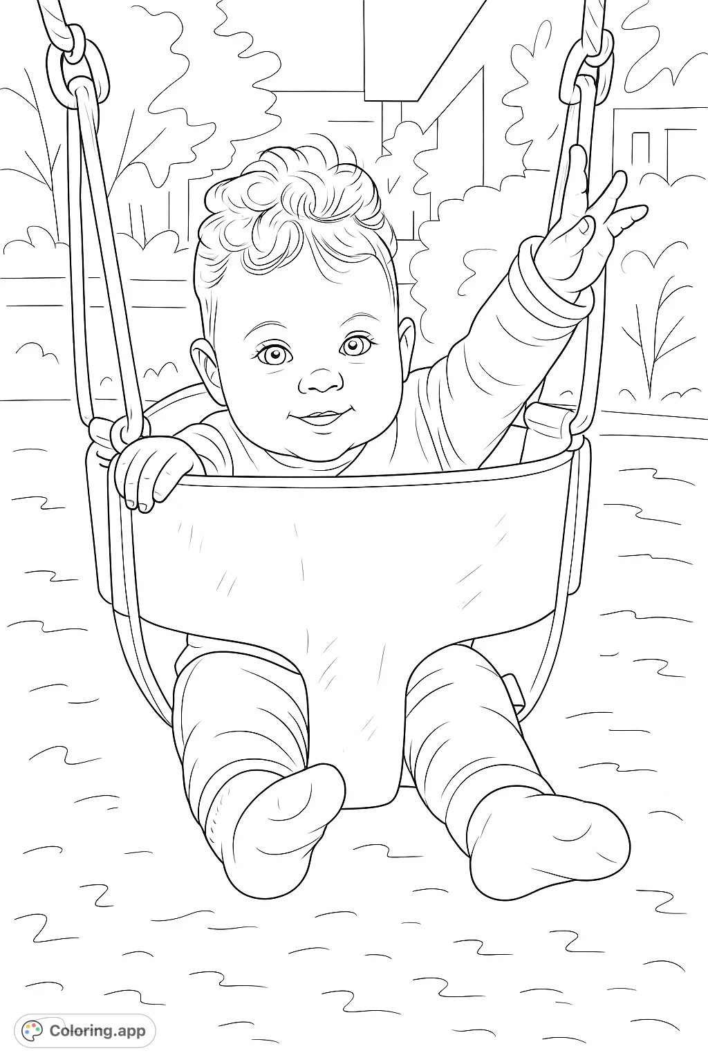 A delightful baby smiles while swinging, capturing a moment of pure joy. Perfect for a heartwarming coloring experience for all ages.