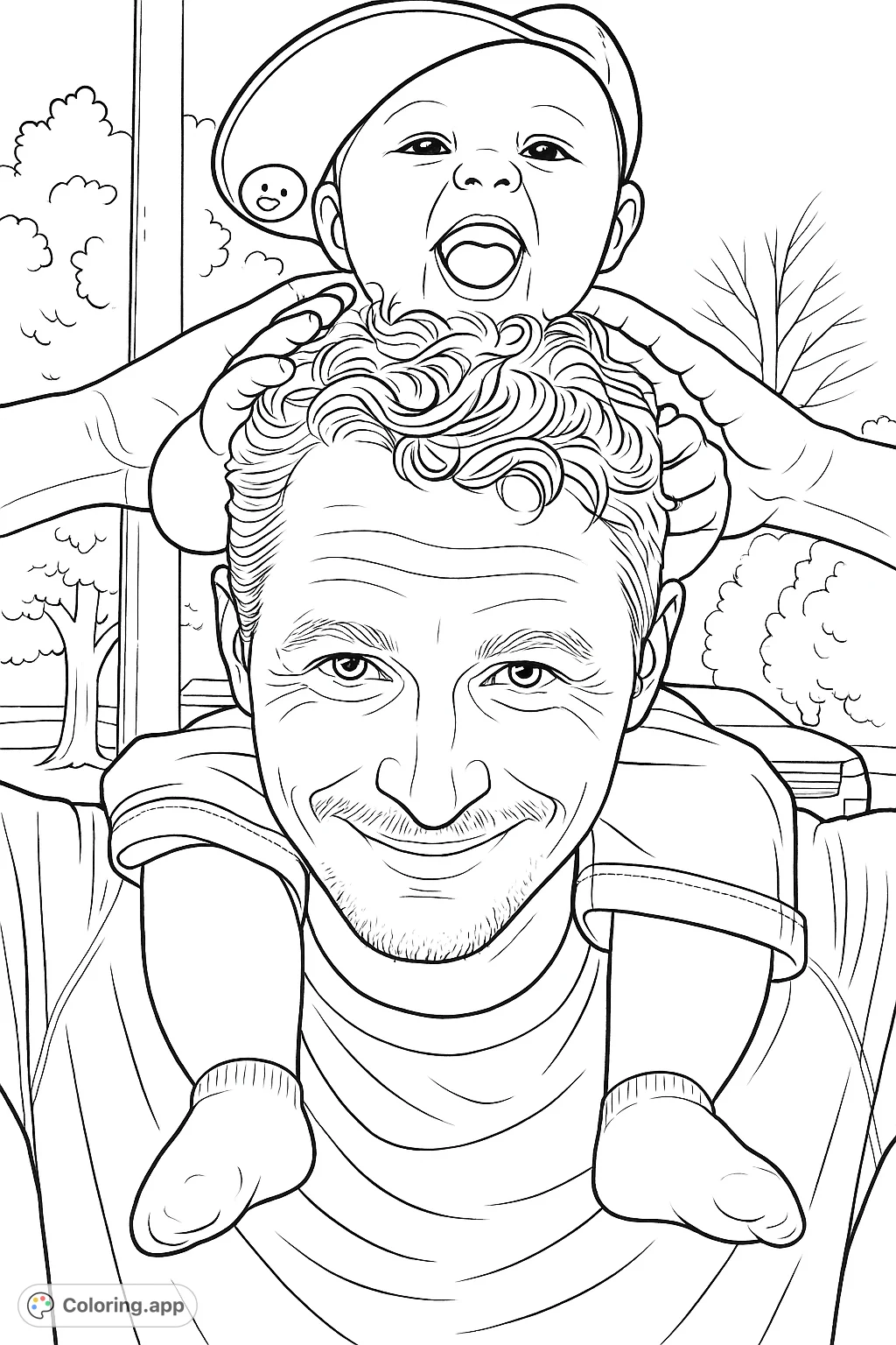 A heartwarming scene of a father giving his baby a joyful shoulder ride, both smiling. Perfect for celebrating family bonds and happy moments.