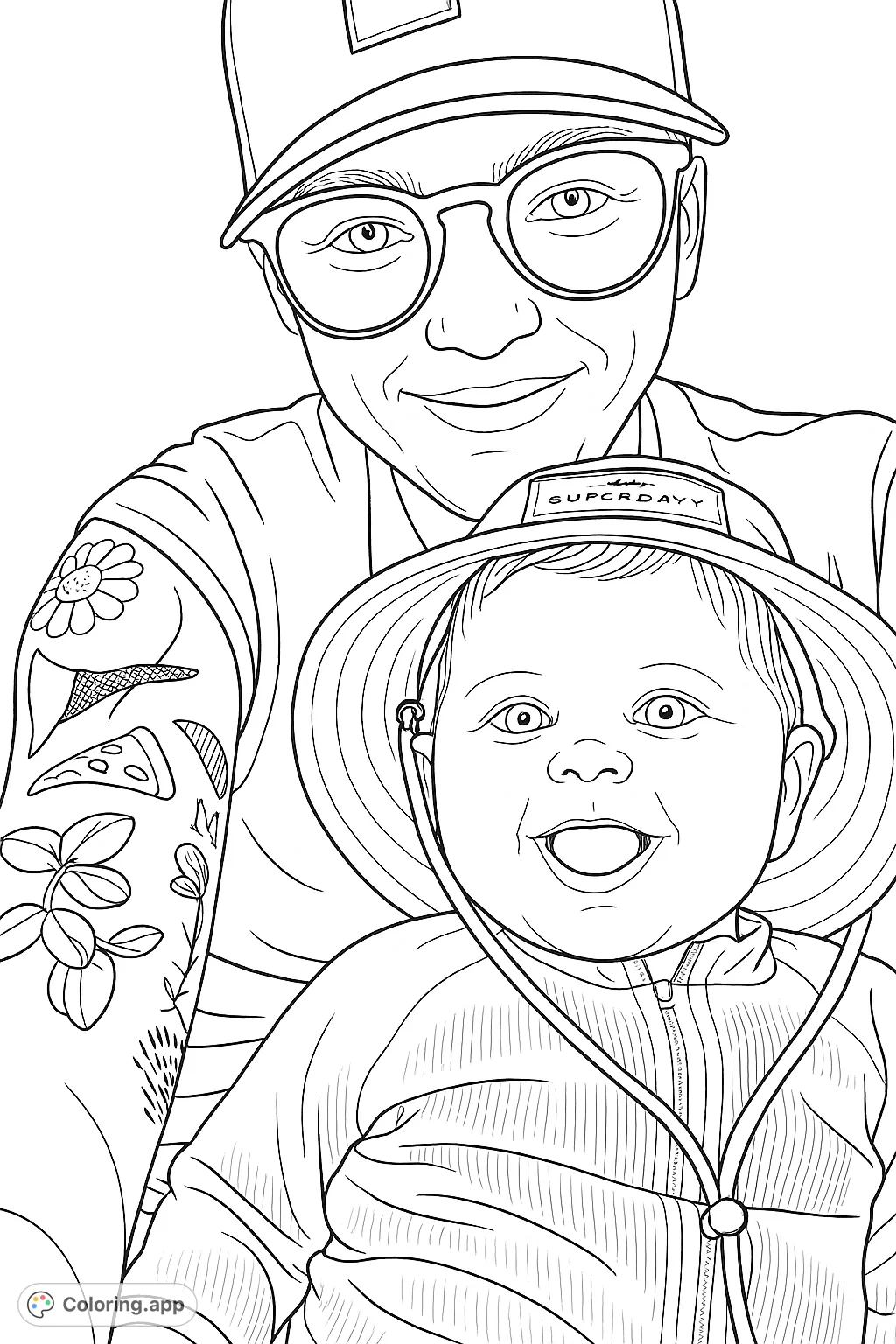 A heartwarming coloring page featuring a smiling baby in a hat with a parent, perfect for family fun and creative expression.