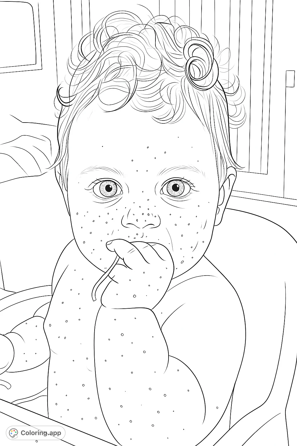 Capture the adorable chaos of a baby's mealtime with this charming coloring page. Features a sweet, messy baby in a high chair.